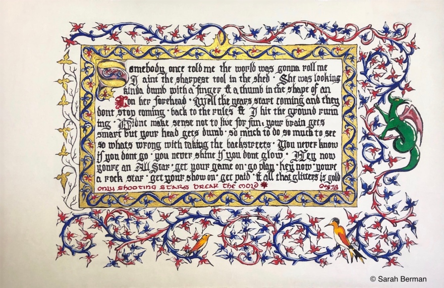 illuminated lyrics to "All Star" by Smashmouth with gold, ivy, dragon, and birds
